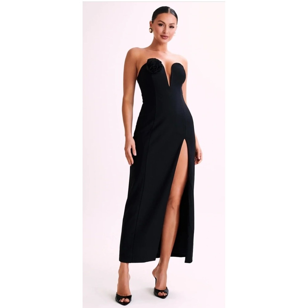 Meshki Haven Strapless Rose Maxi Dress Size S Rosette Slit Formal Evening Gown